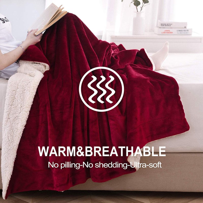 NANPIPER Sherpa Blanket Twin Thick Warm Blanket for Winter, Super Soft Fuzzy Flannel Fleece/Wool Like Reversible Velvet Plush (Wine Red, Twin Size 60"x80") - Image 3